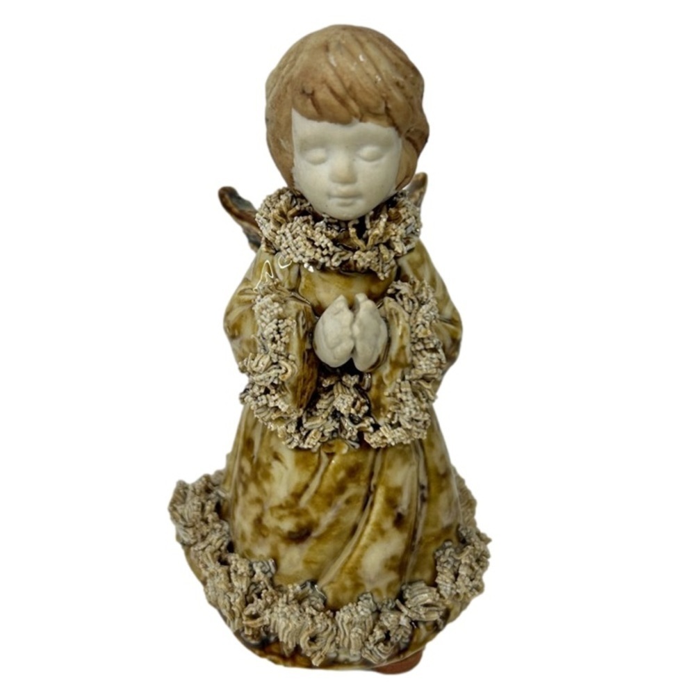 Spaghetti Trimmed Ceramic Pottery Christmas Figurine Angel 3.5”
